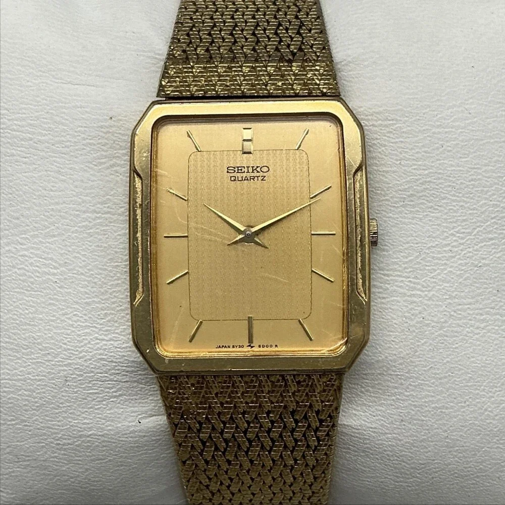 Vintage Seiko Quartz Mens Watch 25mm Gold Tone Mesh 5Y30-5B49 New Battery 7.75